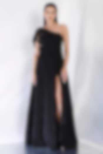 Black Neoprene Strapless Panel Maxi Vacation Dress With Cut-Out Wrap by OZEQO at Pernia's Pop Up Shop