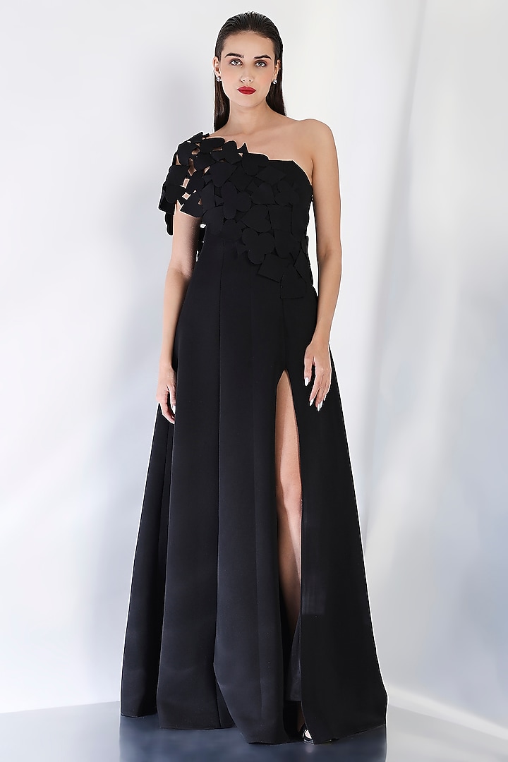 Black Neoprene Strapless Panel Maxi Vacation Dress With Cut-Out Wrap by OZEQO at Pernia's Pop Up Shop