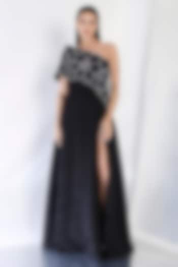 Black Neoprene Strapless Panel Maxi Vacation Dress With Embroidered Wrap by OZEQO at Pernia's Pop Up Shop