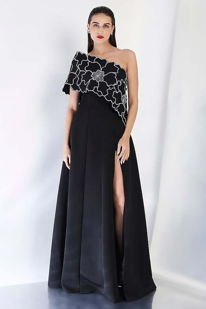 Black Neoprene Strapless Panel Maxi Vacation Dress With Embroidered Wrap by OZEQO at Pernia's Pop Up Shop