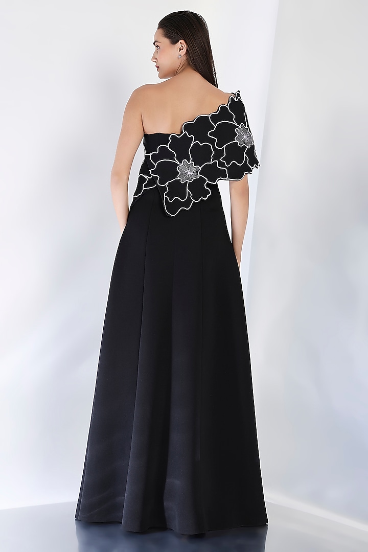 Black Neoprene Strapless Panel Maxi Vacation Dress With Embroidered Wrap by OZEQO at Pernia's Pop Up Shop