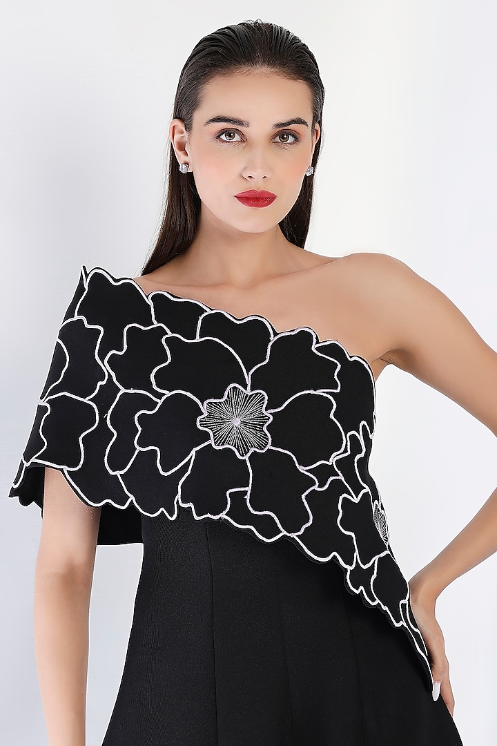 Black Neoprene Strapless Panel Maxi Vacation Dress With Embroidered Wrap by OZEQO at Pernia's Pop Up Shop