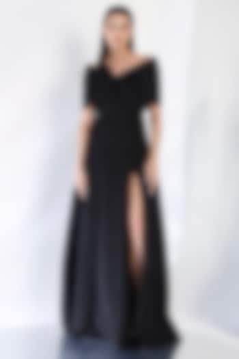 Black Neoprene Strapless Panel Maxi Vacation Dress With Bow Wrap by OZEQO at Pernia's Pop Up Shop