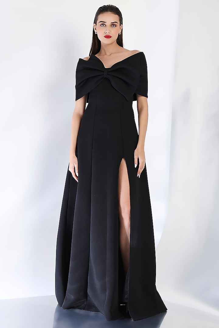 Black Neoprene Strapless Panel Maxi Vacation Dress With Bow Wrap by OZEQO at Pernia's Pop Up Shop