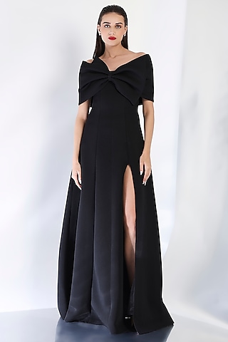 Black Neoprene Strapless Panel Maxi Dress With Bow Wrap by OZEQO