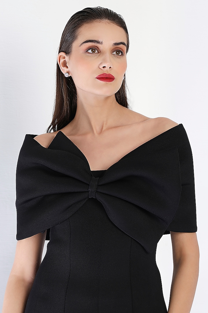 Black Neoprene Strapless Panel Maxi Vacation Dress With Bow Wrap by OZEQO at Pernia's Pop Up Shop