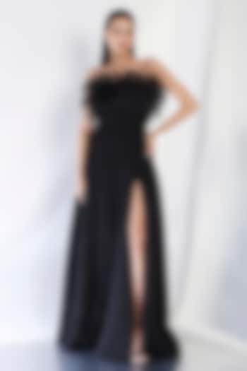 Black Neoprene Strapless Panel Maxi Cocktail Dress With Feather Wrap by OZEQO at Pernia's Pop Up Shop