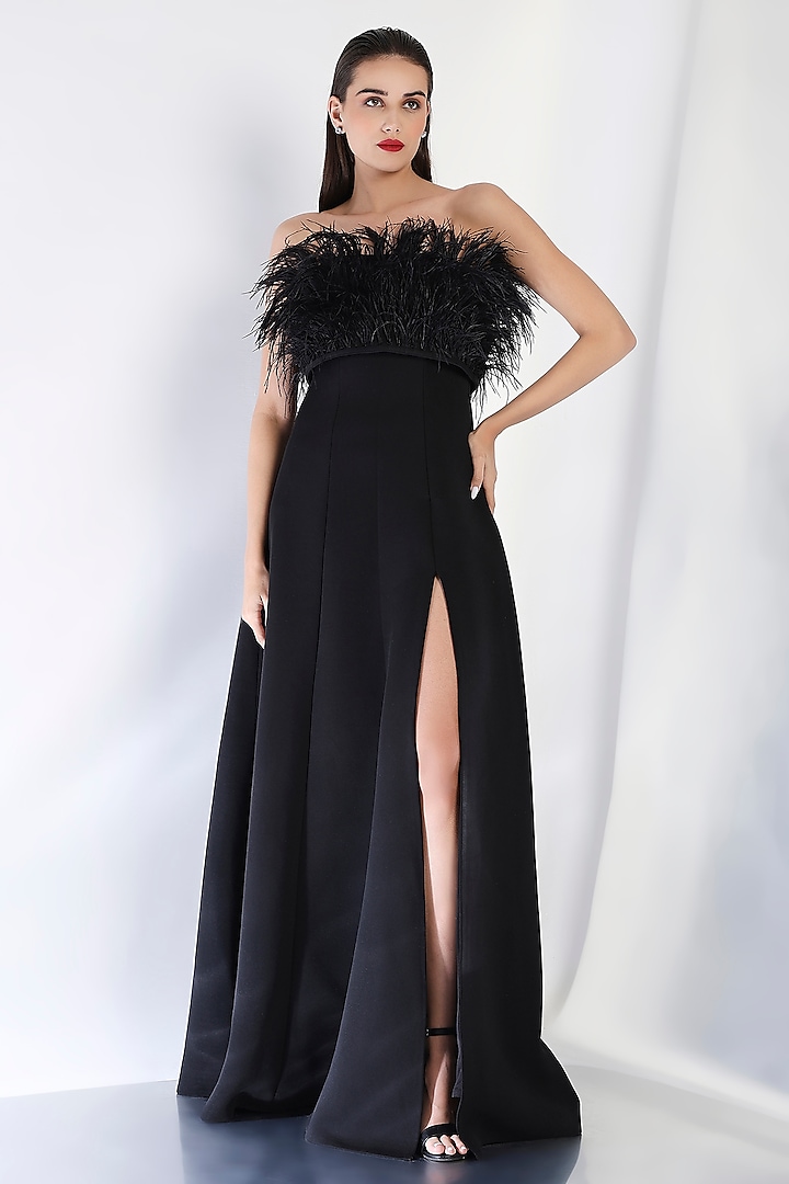 Black Neoprene Strapless Panel Maxi Cocktail Dress With Feather Wrap by OZEQO at Pernia's Pop Up Shop