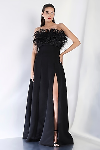 Black Neoprene Strapless Panel Maxi Dress With Feather Wrap by OZEQO