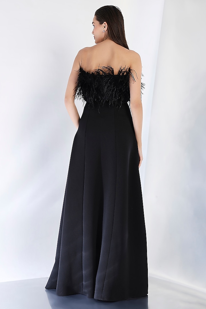 Black Neoprene Strapless Panel Maxi Cocktail Dress With Feather Wrap by OZEQO at Pernia's Pop Up Shop
