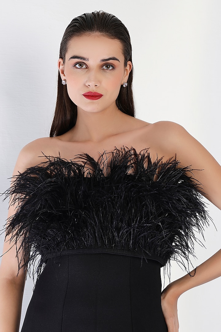 Black Neoprene Strapless Panel Maxi Cocktail Dress With Feather Wrap by OZEQO at Pernia's Pop Up Shop
