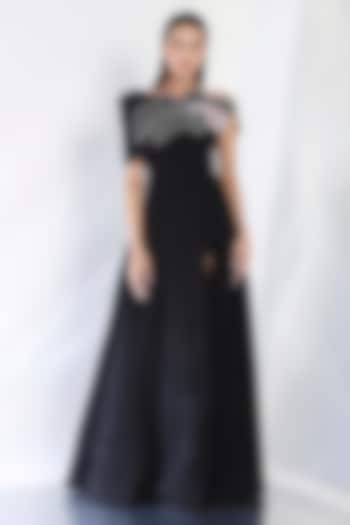 Black Neoprene Strapless Panel Maxi Vacation Dress With Embroidered Wrap by OZEQO at Pernia's Pop Up Shop