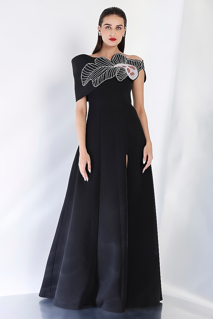 Black Neoprene Strapless Panel Maxi Vacation Dress With Embroidered Wrap by OZEQO at Pernia's Pop Up Shop