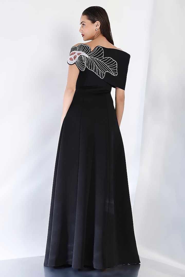 Black Neoprene Strapless Panel Maxi Vacation Dress With Embroidered Wrap by OZEQO at Pernia's Pop Up Shop