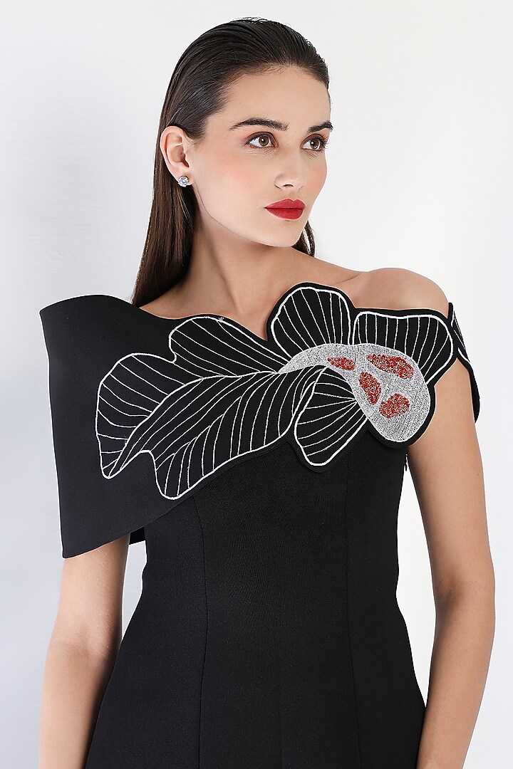 Black Neoprene Strapless Panel Maxi Vacation Dress With Embroidered Wrap by OZEQO at Pernia's Pop Up Shop