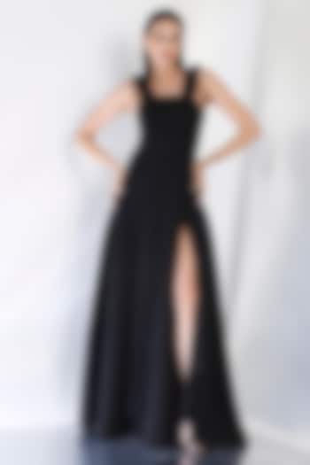 Black Neoprene Strapless Panel Maxi Vacation Dress With Floral Straps by OZEQO at Pernia's Pop Up Shop