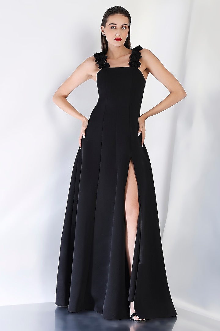Black Neoprene Strapless Panel Maxi Vacation Dress With Floral Straps by OZEQO at Pernia's Pop Up Shop