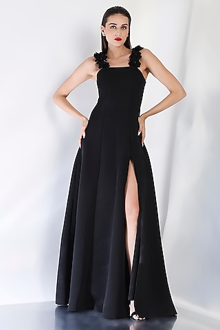 Black Neoprene Strapless Panel Maxi Dress With Floral Straps by OZEQO