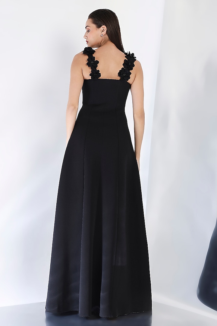 Black Neoprene Strapless Panel Maxi Vacation Dress With Floral Straps by OZEQO at Pernia's Pop Up Shop