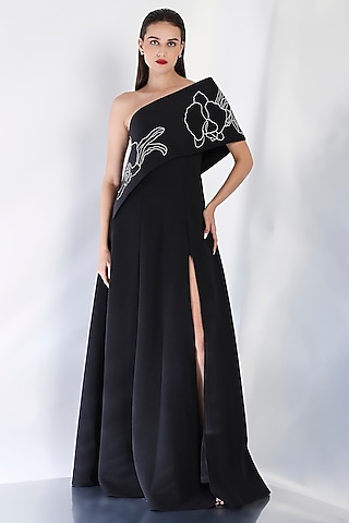 Black Neoprene Strapless Panel Maxi Dress With Embroidered Wrap by OZEQO
