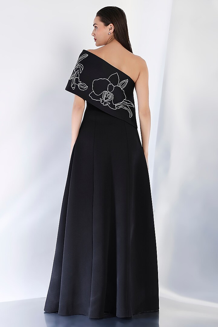 Black Neoprene Strapless Panel Maxi Vacation Dress With Embroidered Wrap by OZEQO at Pernia's Pop Up Shop