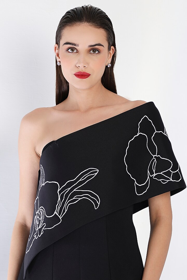 Black Neoprene Strapless Panel Maxi Vacation Dress With Embroidered Wrap by OZEQO at Pernia's Pop Up Shop