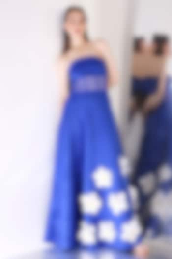 Royal Blue Neoprene 3D Floral Flared Maxi Vacation Dress by OZEQO at Pernia's Pop Up Shop