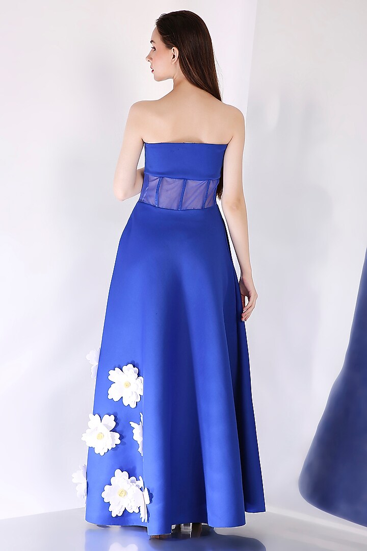 Royal Blue Neoprene 3D Floral Flared Maxi Vacation Dress by OZEQO at Pernia's Pop Up Shop