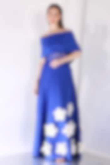 Royal Blue Neoprene 3D Floral Flared Maxi Vacation Dress With Wrap by OZEQO at Pernia's Pop Up Shop
