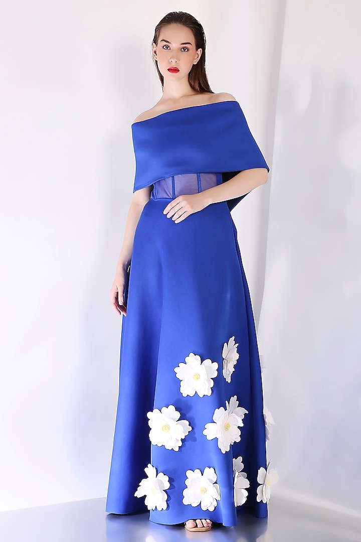 Royal Blue Neoprene 3D Floral Flared Maxi Vacation Dress With Wrap by OZEQO at Pernia's Pop Up Shop