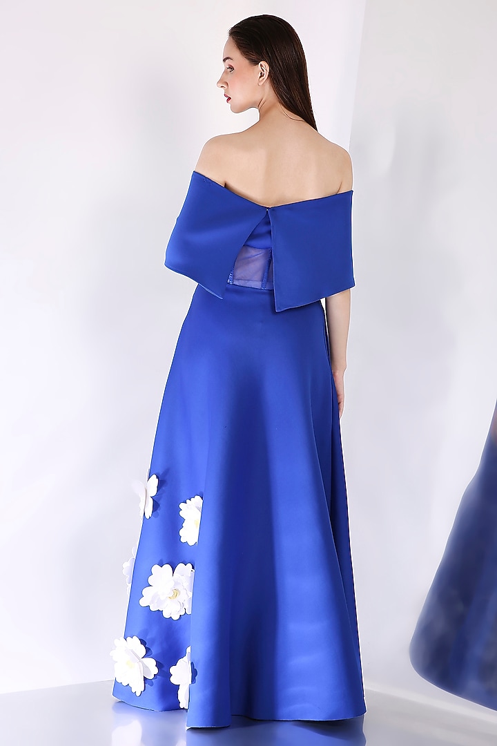 Royal Blue Neoprene 3D Floral Flared Maxi Vacation Dress With Wrap by OZEQO at Pernia's Pop Up Shop
