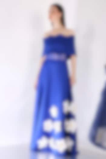 Royal Blue Neoprene 3D Floral Maxi Vacation Dress With Wrap by OZEQO at Pernia's Pop Up Shop