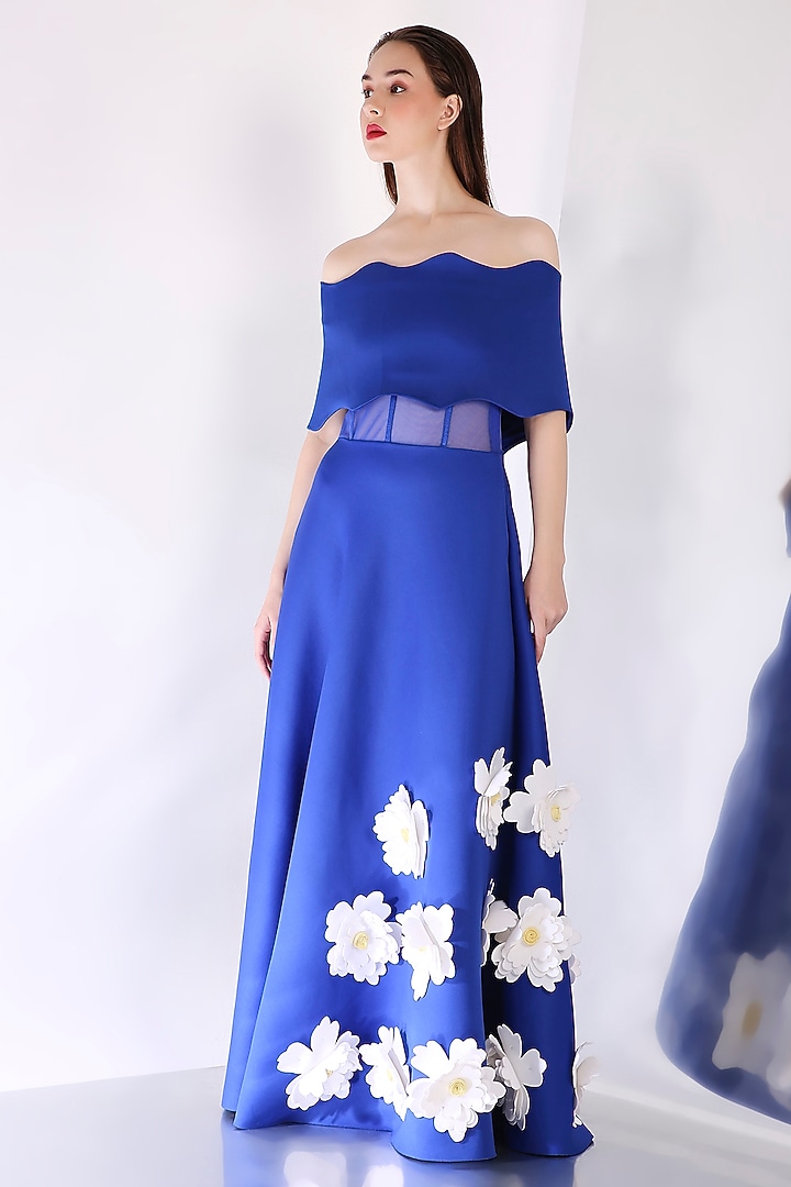 Royal Blue Neoprene 3D Floral Maxi Vacation Dress With Wrap by OZEQO at Pernia's Pop Up Shop