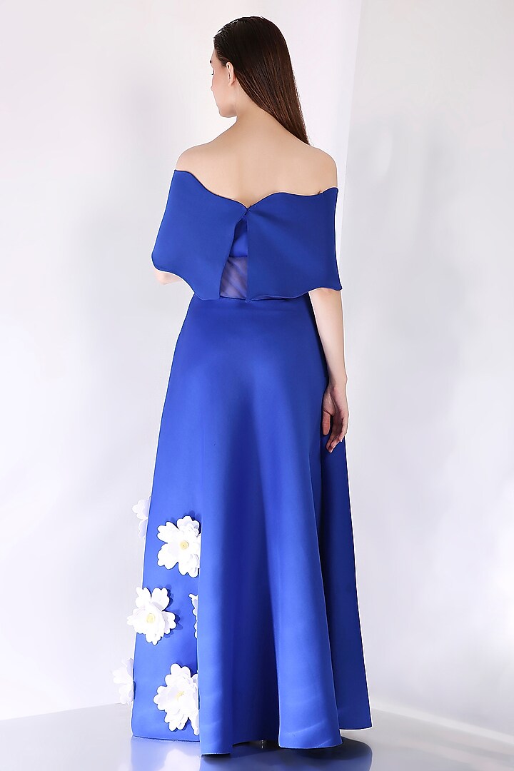 Royal Blue Neoprene 3D Floral Maxi Vacation Dress With Wrap by OZEQO at Pernia's Pop Up Shop