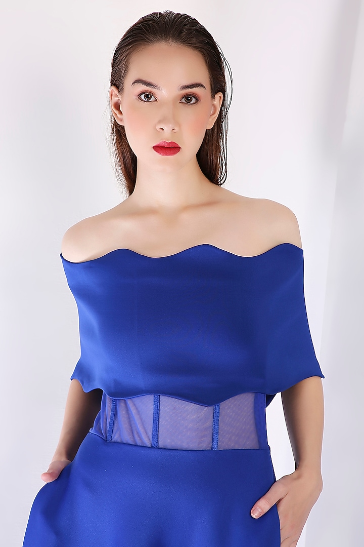 Royal Blue Neoprene 3D Floral Maxi Vacation Dress With Wrap by OZEQO at Pernia's Pop Up Shop
