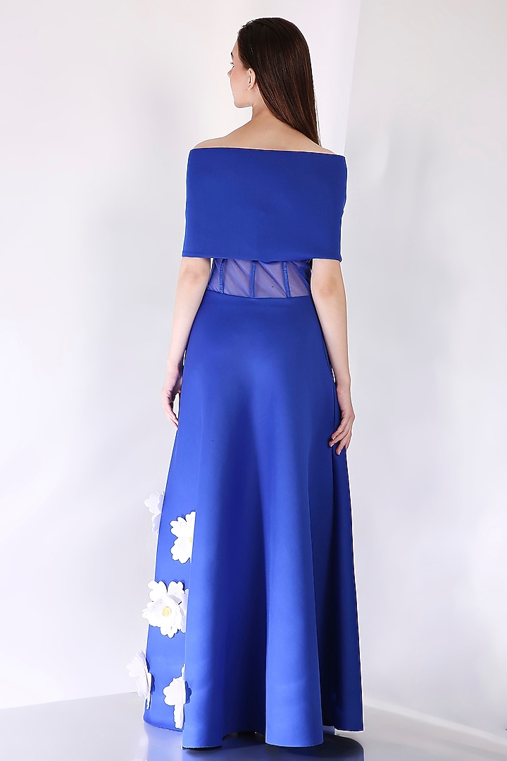 Royal Blue Neoprene 3D Floral Maxi Vacation Dress With Wrap by OZEQO at Pernia's Pop Up Shop