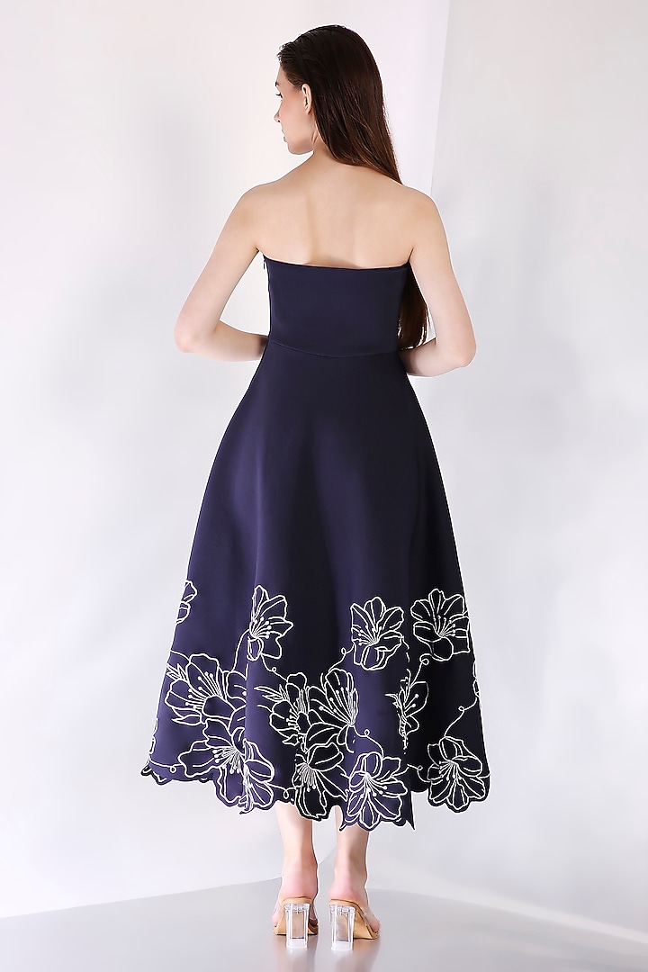 Navy Blue Neoprene Floral Embroidered Midi Vacation Dress by OZEQO at Pernia's Pop Up Shop