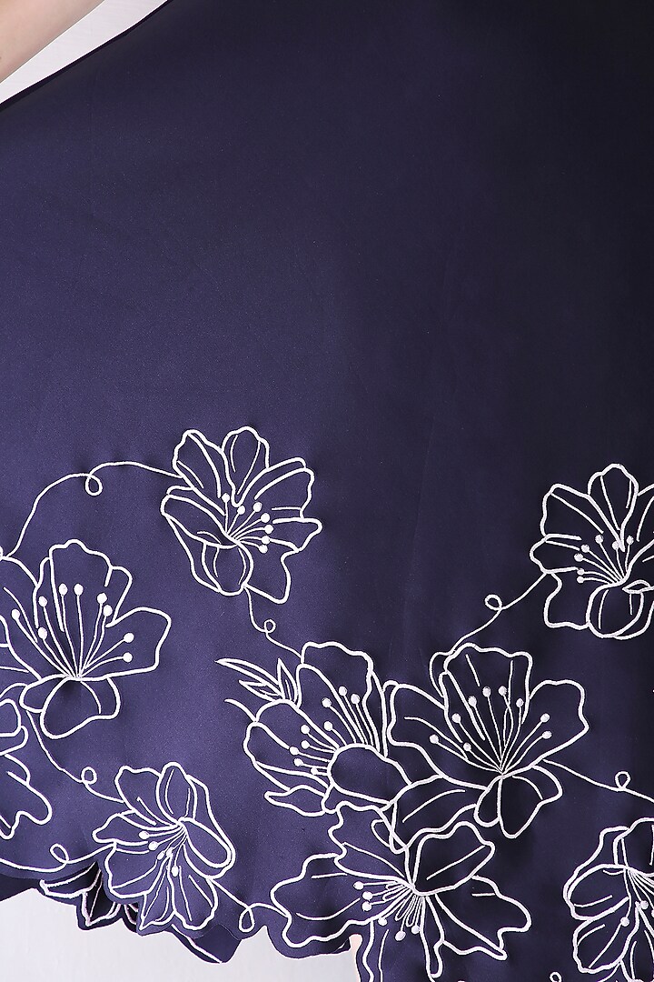 Navy Blue Neoprene Floral Embroidered Midi Vacation Dress by OZEQO at Pernia's Pop Up Shop