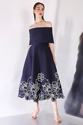 Navy Blue Neoprene Embroidered Midi Dress With Wrap by OZEQO