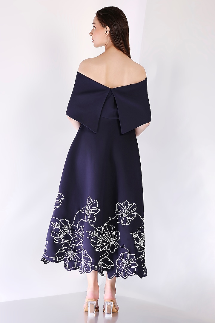 Navy Blue Neoprene Embroidered Midi Vacation Dress With Wrap by OZEQO at Pernia's Pop Up Shop
