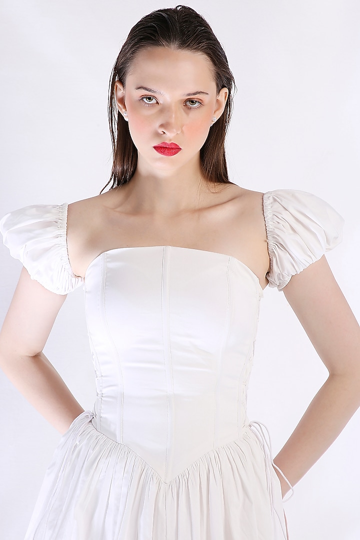 White Cotton Ruffled Mini Summer Dress With Detachable Sleeves by OZEQO at Pernia's Pop Up Shop