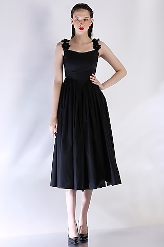 Black Cotton Corset Midi Dress With Straps by OZEQO