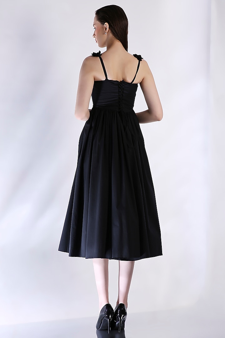 Black Cotton Corset Midi Vacation Dress With Straps by OZEQO at Pernia's Pop Up Shop