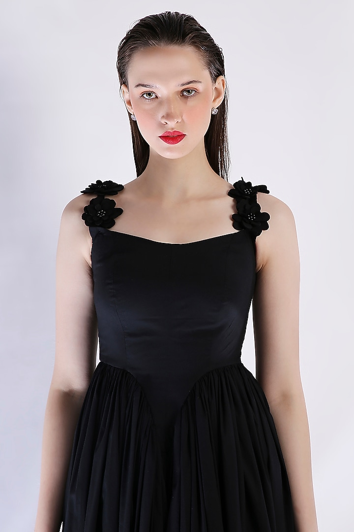 Black Cotton Corset Midi Vacation Dress With Straps by OZEQO at Pernia's Pop Up Shop