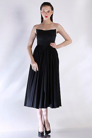 Black Cotton Corset Midi Dress by OZEQO