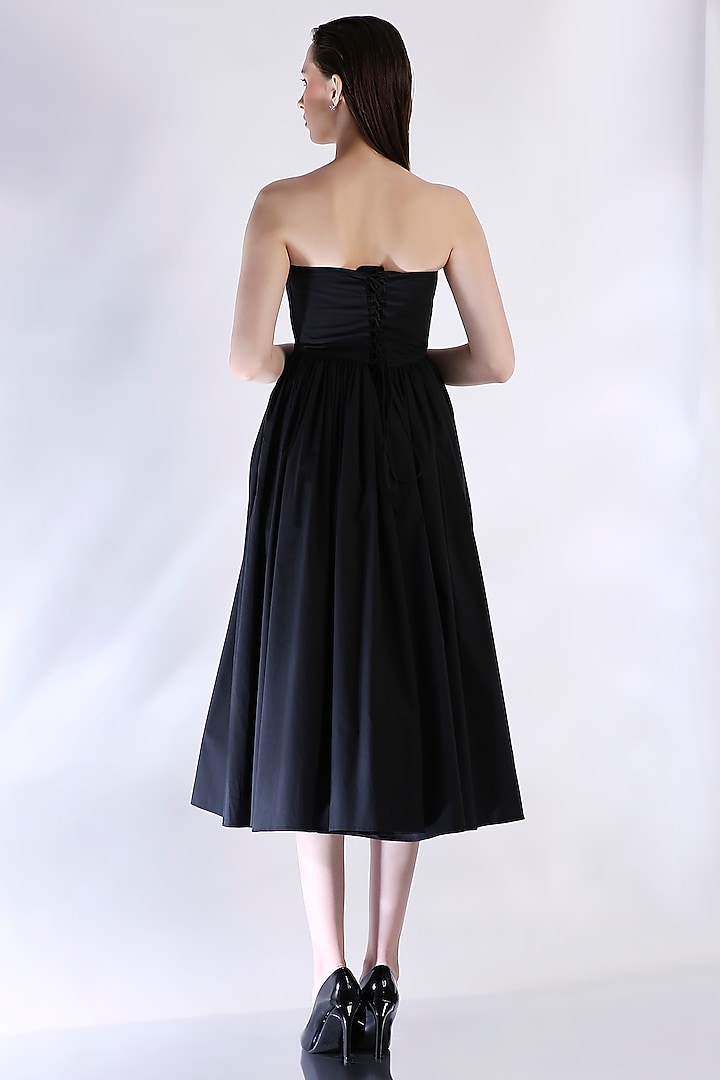 Black Cotton Corset Midi Vacation Dress by OZEQO at Pernia's Pop Up Shop