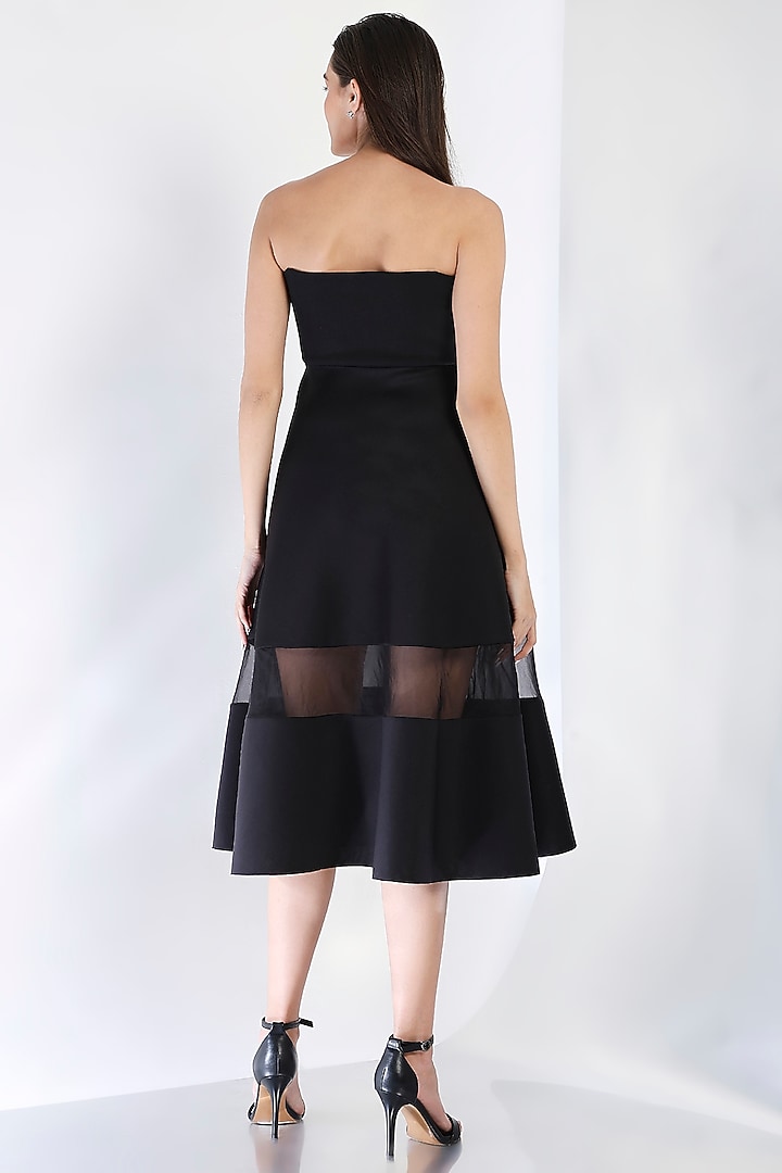 Black Neoprene Paneled Strapless Midi Summer Dress by OZEQO at Pernia's Pop Up Shop