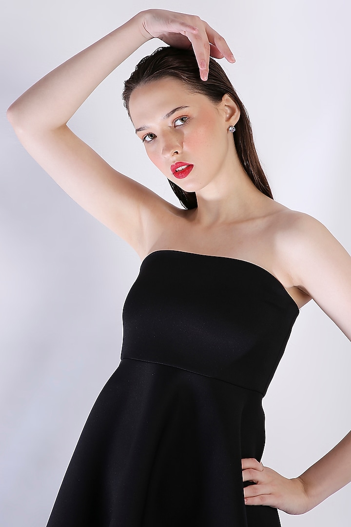 Black Neoprene Strapless High-Low Midi Summer Dress by OZEQO at Pernia's Pop Up Shop