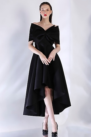 Black Neoprene Strapless High-Low Midi Dress With Bow Wrap by OZEQO