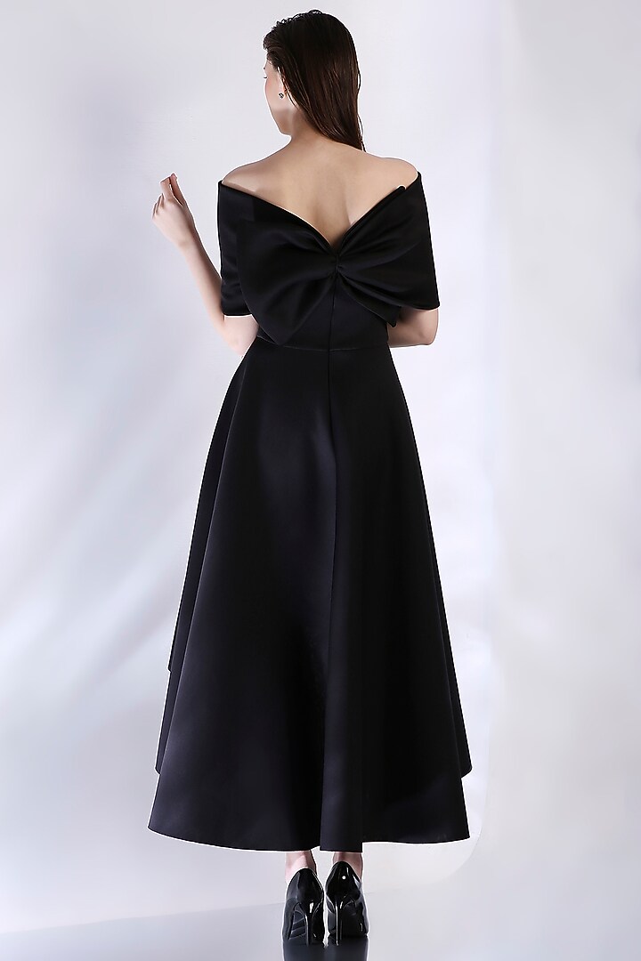 Black Neoprene Strapless High-Low Midi Vacation Dress With Bow Wrap by OZEQO at Pernia's Pop Up Shop